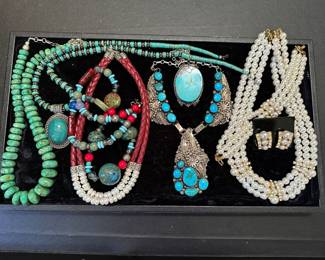 Amazing sterling work with turquoise showpiece necklace , green turquoise bead necklace, etc.