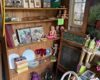Dolls, Depression Glass & Child's Chalkboard