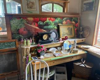 Antique Clock, Desk & Artwork