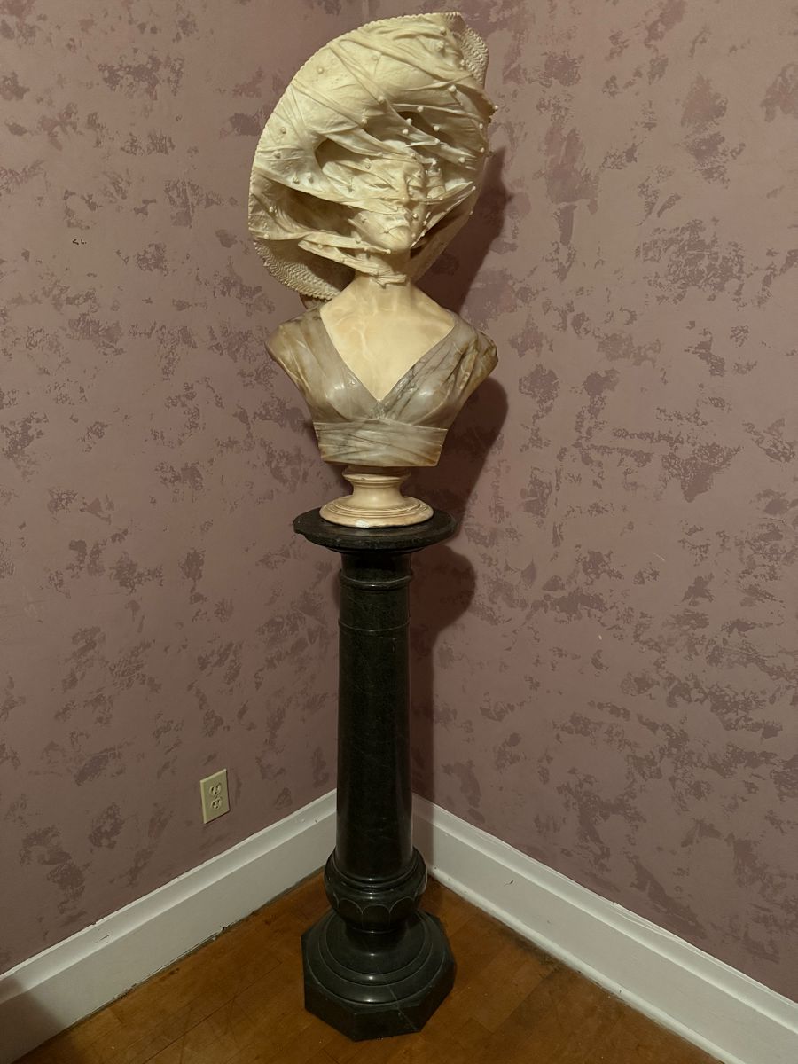 Veiled Female Bust by Pieter Barranti on a 3 Part Marble Column As Is