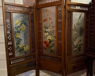 3 Panel Screen with Hand Painted Glass Panels