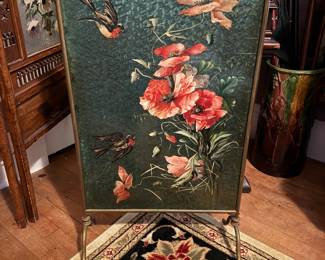 Hand Painted Glass and Brass Firescreen