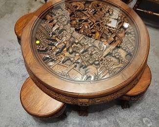 Antique wood carved Chinese coffee table w/4 stools