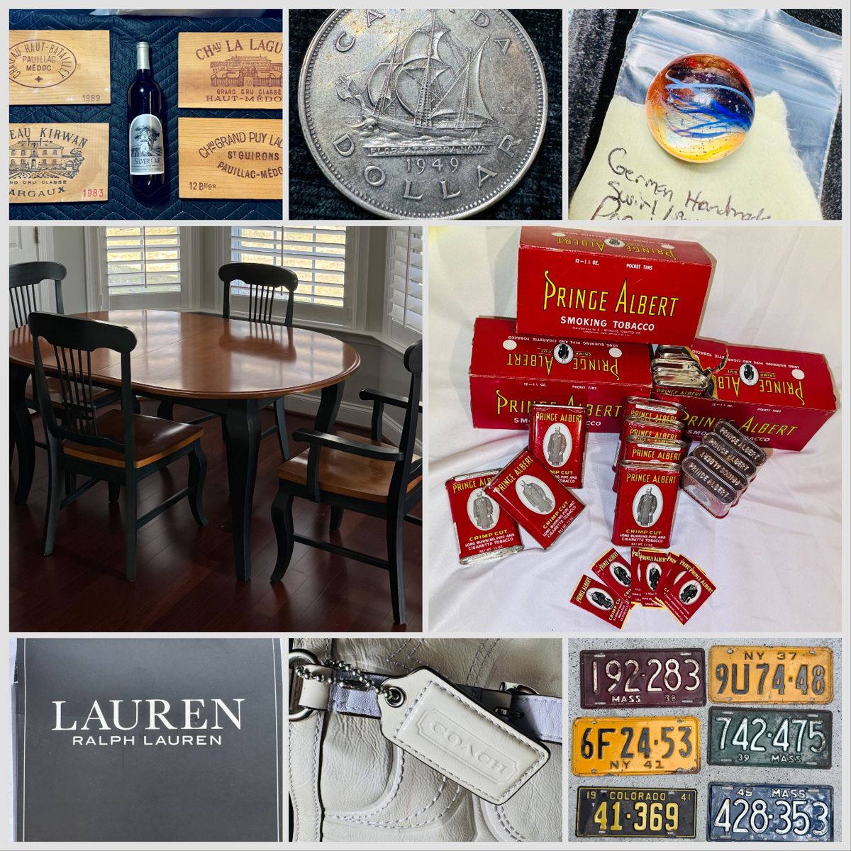 Bassett furniture, solid maple table with 2 foot insert and six chairs, 1949 silver large trove of unopened Prince Albert, vintage tobacco tins with original rolling papersCanadian dollar, large, rare marble collection, coach patent leather purse, four rare solid wine, crate panel ends, pre-war metal license plates Ralph Lauren clothing, and drapery