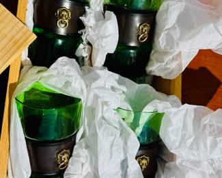 mid-century modern emerald green glass tumblers with leather and brass lion head removable wrap.
