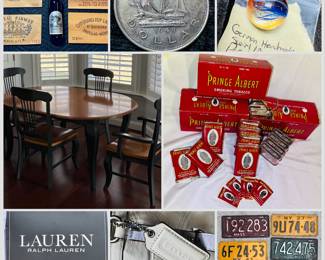 Bassett furniture, solid maple table with 2 foot insert and six chairs, 1949 silver large trove of unopened Prince Albert, vintage tobacco tins with original rolling papersCanadian dollar, large, rare marble collection, coach patent leather purse, four rare solid wine, crate panel ends, pre-war metal license plates Ralph Lauren clothing, and drapery
