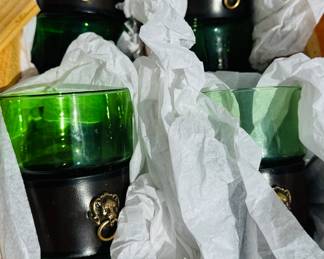 mid-century modern emerald green glass tumblers with leather and brass lion head removable wrap.