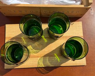 mid-century modern emerald green glass tumblers with leather and brass lion head removable wrap.