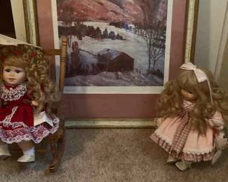 Signed, Matted , And Framed Winter Picture And Two Collectible Leonardo Porcelain Dolls