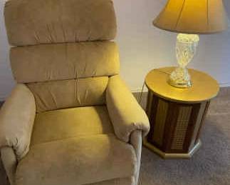 LazBoy Recliner , Cedar Lined Round Table, And A Glass Lamp