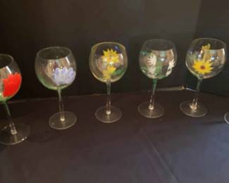 Six Hand Painted Floral Wine Glasses