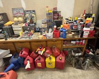 Gas cans, brake fluid, parts cleaner, Bondo autobody filler, starter fluid