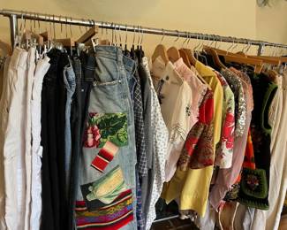mens/ women's carhartt pants 36" lots of 501 mens / women jeans 36" 33, some with patches great vintage tops scarf blouse , embroiderdcmexican blouse, sequin tops 4 AG Goldie thin light weigh cords,diesel jeans sizes are 28"- 29" from the 2000's great condition.