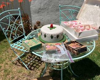 vintage 2 seater small glass top table , cake platter fake cakes for display vintage cake decorating kits