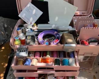 giant vintage sewing box filled with trims, threads buttons, etc..