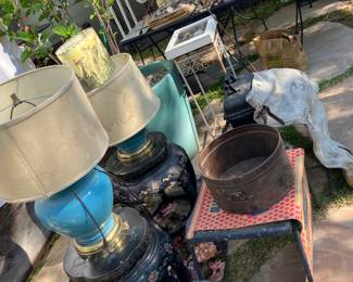 vintage lap pairs , garden stools disc ball plant stands etc..