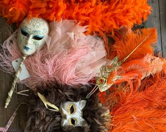 vintage masks headdresses feather fans and boas. costume.