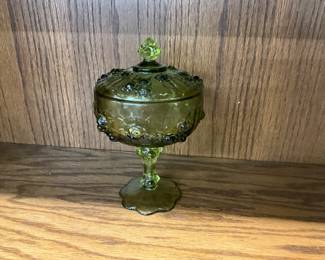 Fenton Glass Colonial Green Cabbage Rose Footed Candy Dish