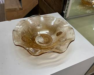 Jeanette Amber Glass Iris & Herringbone Ruffled Serving Bowl
