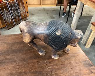 Hand Carved Wooden Lion Figurine