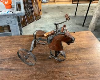 Folk Art Hand Carved Wooden & Metal Horse Tricycle 