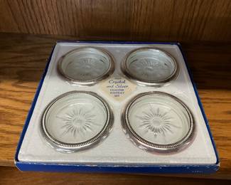 Crystal & Sterling Silver Coaster Ashtray Set