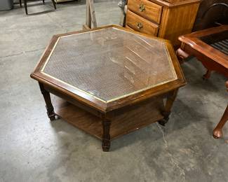 Hexagon Shaped 2 Tier Wood & Glass Coffee Table 