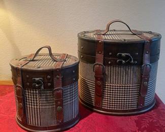 Set of 2 Vintage Ornate Oval Trunks w/Leather & Buckles - Lg - 11.5"W x 10.5"D x 9"H; Sm - 8"W x 8"D x 6"H