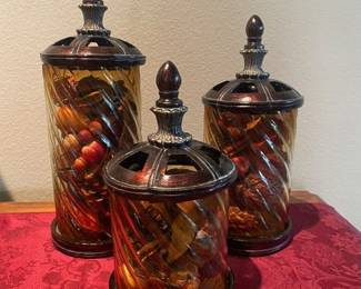 Set of 3 Vintage Decorative Amber Glass Canisters w/Lids - 10"H, 12"H, 14"H