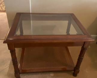 Pair of Mid-Century Cherry Wood End Tables w/Beveled Glass and Bamboo Shelf (Excellent Condition) - 27"W x 21"D x 21"H