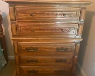 Mid-Century Solid Oak 5 Drawer Chest of Drawers - 70"W x 19"D x 70"H (Also available Queen Headboard & Dresser/Mirror)