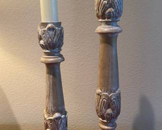 Pair of Tall Carved Matching Wood Candle Sticks - 16" & 19"
