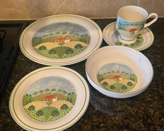 Sangostone "Country Cottage" Dinnerware - Set for 8: Dinner Plates, Cereal Bowls, Salad Plates, Cup/Saucers Serving Pieces include: Cream & Sugar w/Lid, Salt & Pepper Shakers, Serving Bowl & Platter