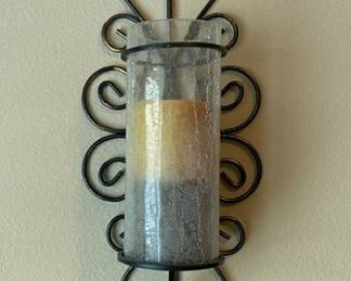 Set of 2 Scroll Metal Wall Sconces w/Glass Inserts & Candles - 5.5"W x 26"H