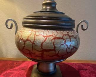 Vintage Glass Crackled Finish Rustic Look Gold/Red Urn w/Lid - 10"W x 13"H