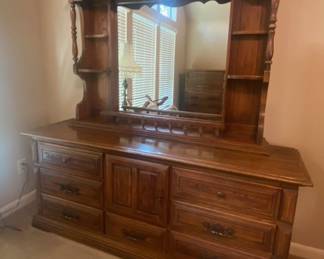 Mid-Century Solid Oak Dresser/Mirror - 40"W x 19"D x 50"H (Also available Queen Headboard & Chest of Drawers)