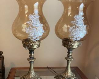Pair Vintage Victorian Style - Shaded Roses on Amber Hue Glass Shades (1900-1950 Age) Dcorative Brass Color Cast Iron Base - 24" Tall