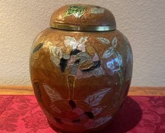 Vintage Chinese Cloisonne/Brass Urn Ginger Jar - 6"W x 7"H