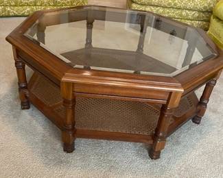 Mid-Century Octagonal Cherry Wood Coffee Table w/Beeveled Glass and Bamboo Shelf (Excellent Condition) - 38" Octagon Shape