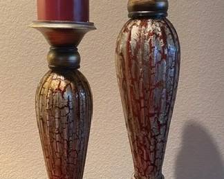 Vintage Glass Crackled Finish Rustic Look Gold/Red Candle Holders - 17"H & 19"H