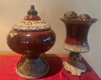 Decorative Ceramic Deep Red Lidded Urn & Vase w/Ornamental Balls - Fleur de Lis Motif : Urn - 12.5"W x 17"H; Vase - 9"W x 14"H