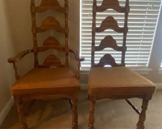 6 Solid Oak Dining Room Chairs - 2 Arm & 4 Side Chairs - Tan Fabric - 19"W x 17"D x 18/45"H