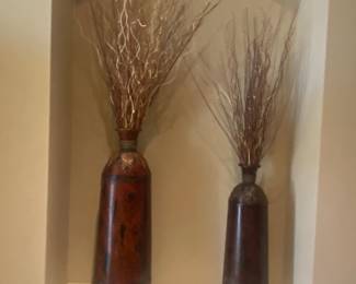 Pair of Tall Decorative Rustic Metal Vases w/Ornamental Branches - Can be used on the Floor, Niche or Shelf