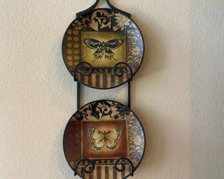 Set of 2 Butterfly Plates w/Wrought Iron Wall Hanging Display