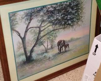 Impressionist  vintage 1970, original, lithograph , landscape art print with mama and baby  horse. By Joe Sambatoro ( American 1947-).                                                                                               
 Depicting beautiful, peaceful  scene of the  spring blossom  morning  and  stunning  two horses  under the tree: mama and baby.
 Soft pastel multicolor  of the green, white, blue, brown, pink. 
 Framed  by dark wood heavy  frame, double mat.
$80