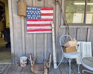 Rustic Americana. American flag painted on tin. Carry sling for wood. 