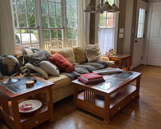 Restoration hardware sofa, basset coffee table, and end tables