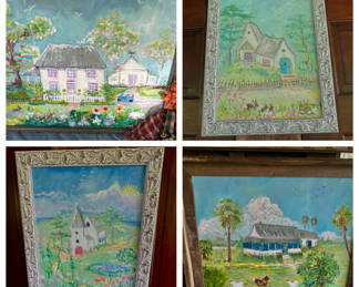 PICK YOUR FAVORITE - These paintings have great colors. Old Florida with chickens in the yard, a cottage with bunnies nibbling in the grass, a church by a peaceful lake and a 2 story with a beautiful flower garden & picket fence. 