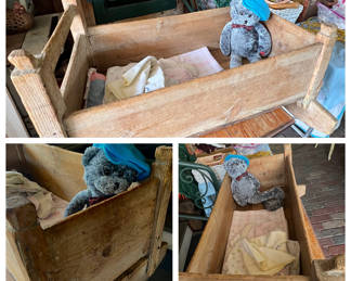 Vintage hand made baby cradle.....a home for all of your dolls OR...Think OUTSIDE the BOX...fill it with huge pine cones & poinsettias for the Christmas holidays, ferns for the summer and pumpkins for Fall and Thanksgiving