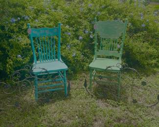 Great chairs for a porch and 2 fabulous metal pieces..maybe on a wall or as a geadboard